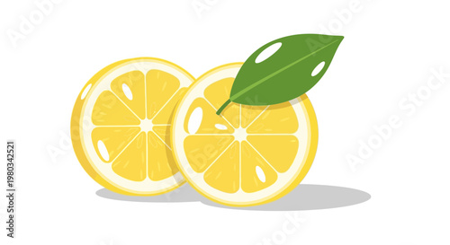 Fresh Lemon Slices with Green Leaf, Vibrant Citrus Fruit Halves, Healthy Food Ingredient