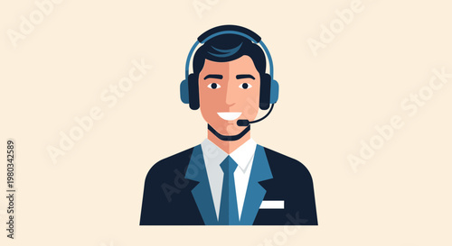 Friendly male customer service representative with headset, smiling, professional business attire