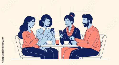 Friends enjoying coffee and smartphones at a cafe table, modern lifestyle