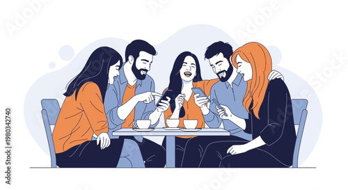 Friends Sharing Smartphones Laughing at Cafe Table