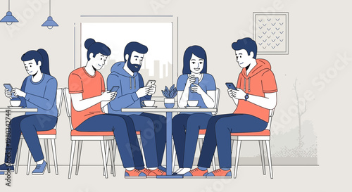 Friends Using Smartphones at Cafe Tables, Social Media Addiction Concept