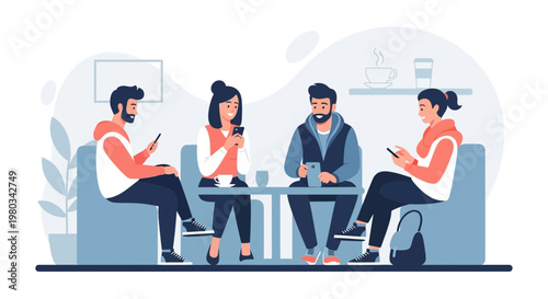 Friends using smartphones at cafe table, modern lifestyle, connection, communication, social media