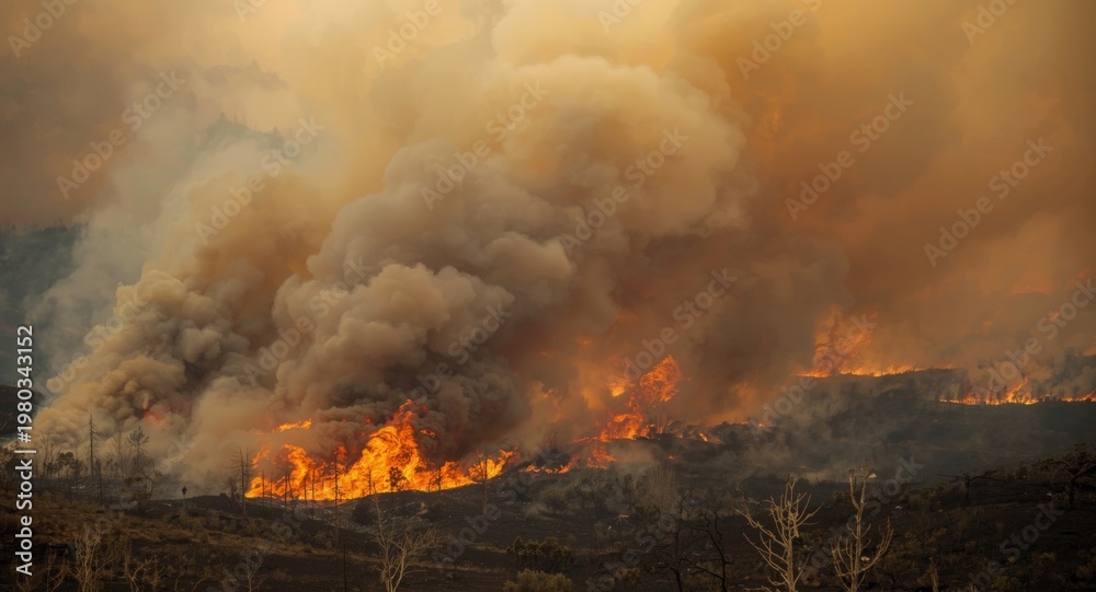 Naklejka premium Thick smoke billowing from a vast wildfire blaze