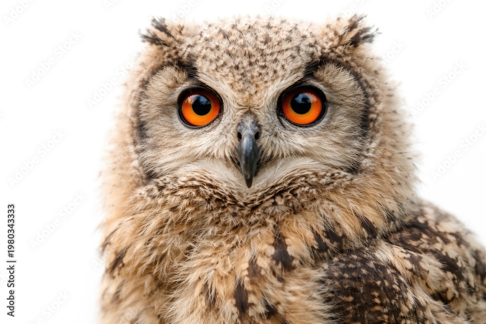Obraz premium Close-up portrait of a juvenile Siberian eagle owl with a clean white background