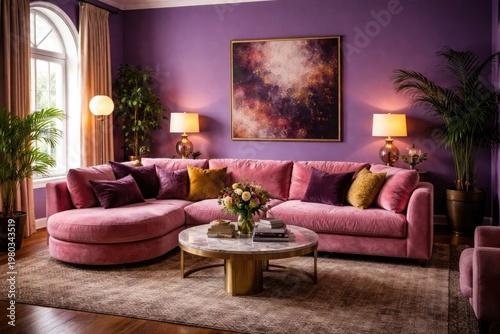 inviting living room interior featuring vibrant purple walls and a plush pink couch centerpiece