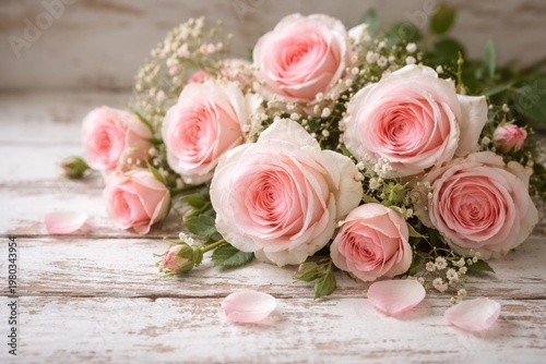 Romantic pink tea roses arranged on rustic white wooden surface with vintage charm
