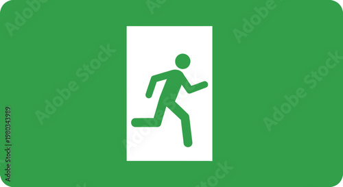 A vibrant green emergency exit sign displaying a white simplified human figure running forward