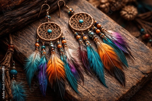 Handcrafted dream catcher earrings with colorful feathers and beads on rope