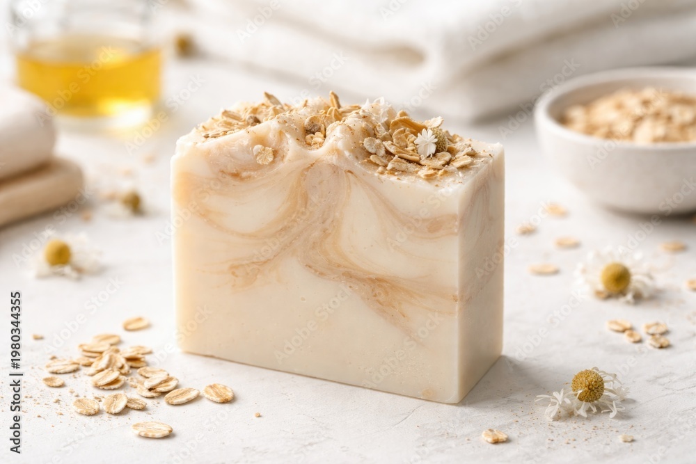 Fototapeta premium Handcrafted natural soap bar on white background with cold process technique
