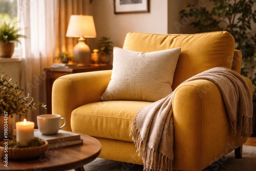 Comfortable yellow armchair with plush cushion in a cozy living room backdrop