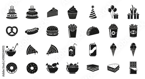 Collection of various dessert icons and symbols.