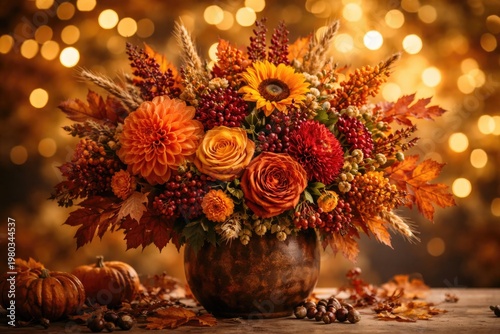 Autumn floral arrangement with golden bokeh background