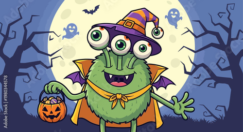 Green monster in Halloween costume.