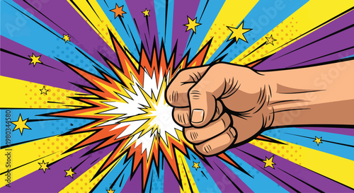 Fist Punch Impact with Comic Explosion and Colorful Stars