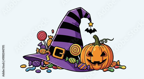 Halloween candy and witch hat.