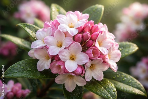 Detailed close-up of blooming Daphne perfume flowers in a garden