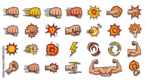 Comic Style Fist and Explosion Action Symbols for Comics and Animation