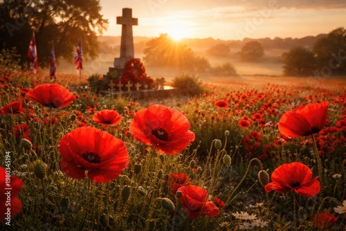 Vibrant poppy blossoms in a peaceful countryside setting honoring war memory