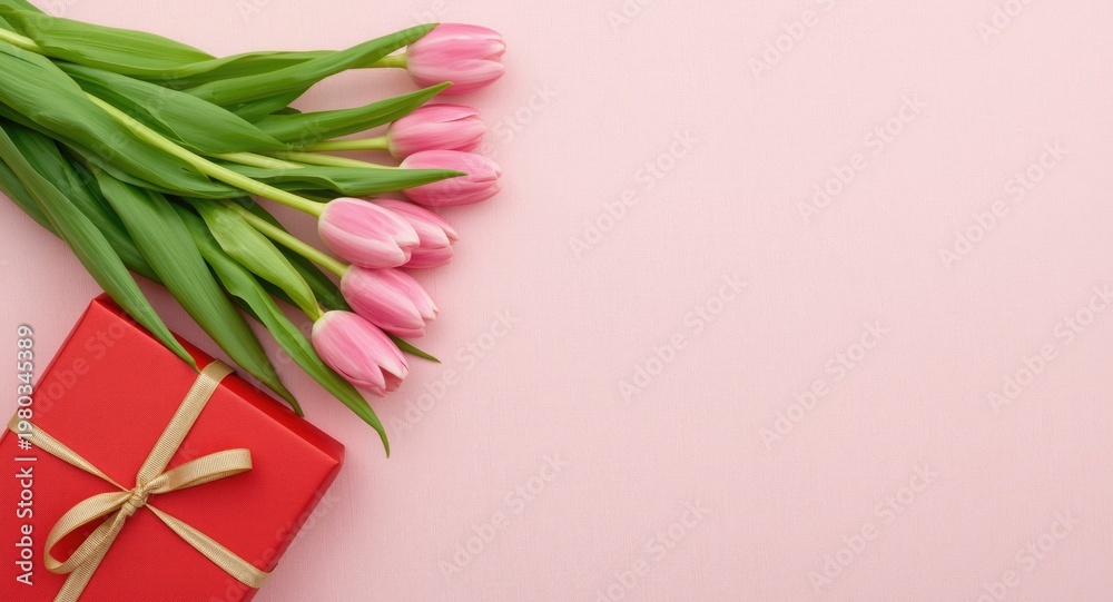 Obraz premium Special occasion pink tulips beside a red gift wrapped in shimmering gold ribbon on a soft pink textured backdrop