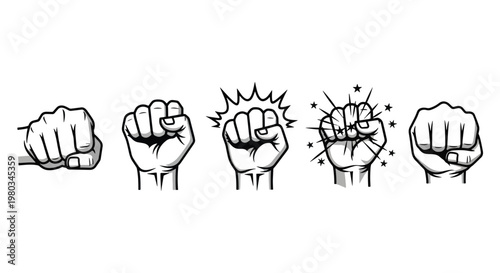 Series of five fists showing different emotions and actions in comic style