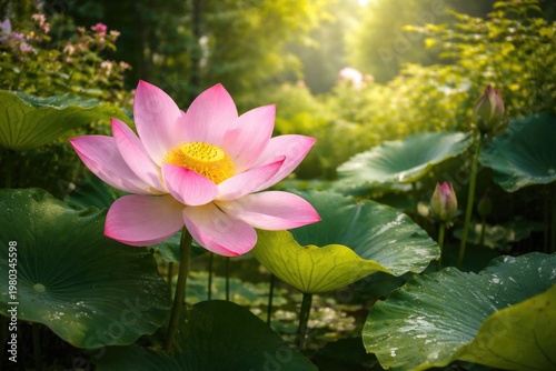 Beautiful pink lotus flower blooming amid lush green plants in a summer garden scene