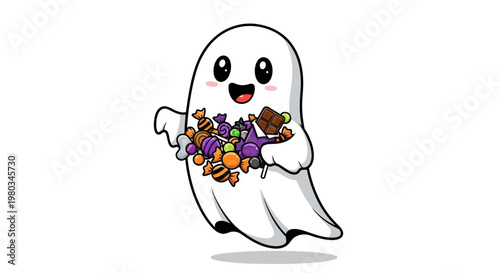 Happy cartoon ghost holding candy.
