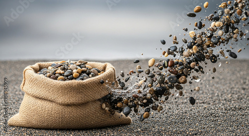 Isolated burlap bag with powerful surge of wet stones and sand