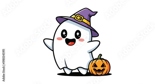 Happy ghost in witch hat playing.