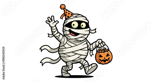 Happy cartoon mummy wearing party hat.