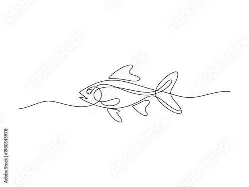 Continuous single line drawing of a small fish swimming in the ocean water