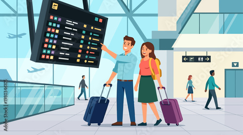 A clean flat design illustration showing a traveling couple happily waiting at an airport terminal with their luggage, anticipating their flight. This image captures the beginning of a new journey.
