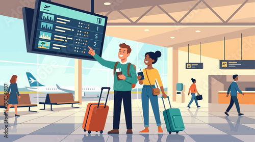 A clean flat design illustration showing a traveling couple happily waiting at an airport terminal with their luggage, anticipating their flight. This image captures the beginning of a new journey.