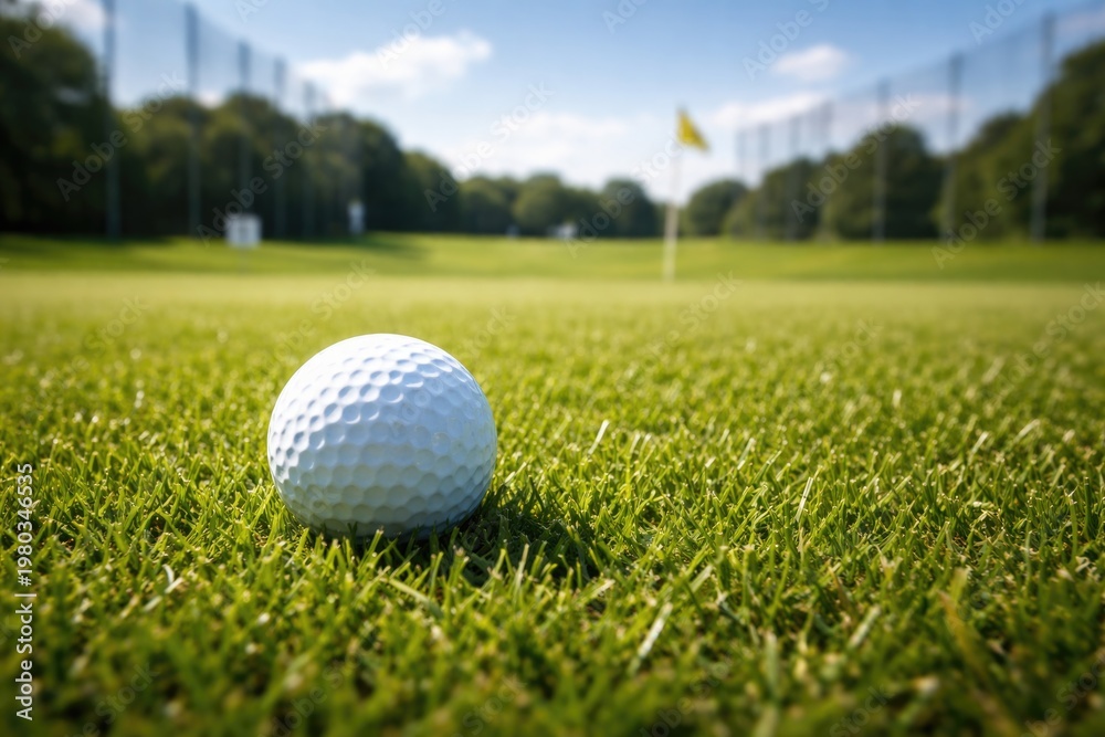 Obraz premium Bright sunny day with a white golf ball resting on lush green grass at a golf practice range