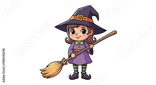 Little girl dressed as witch holding broom.