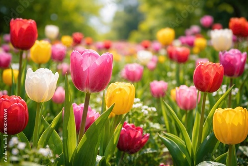 Close-up view of blooming tulip flowers in a lively spring garden on a bright summer day