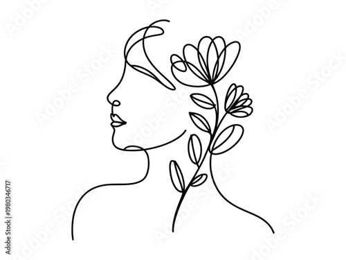 Elegant continuous line drawing of a womans profile with blooming flowers growing from her head symbolizing beauty and nature