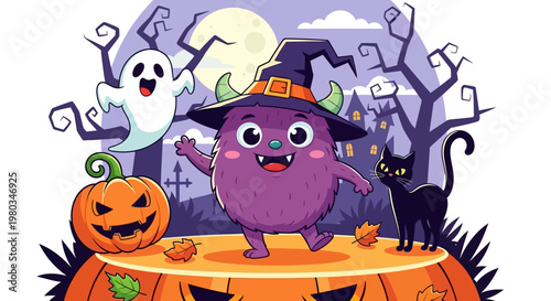 Purple monster in witch hat smiling.