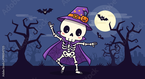 Skeleton wearing purple hat dancing.