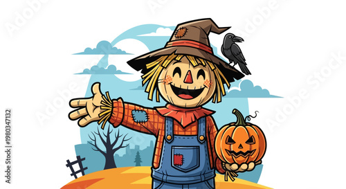 Scarecrow wearing hat with pumpkin.