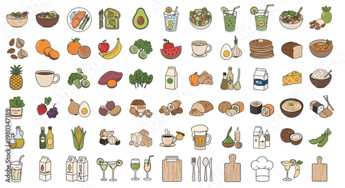 Colorful flat food and drink icons.