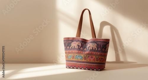 Traditional pattern fabric tote with bold elephant embroidery ideal for keepsake marketing