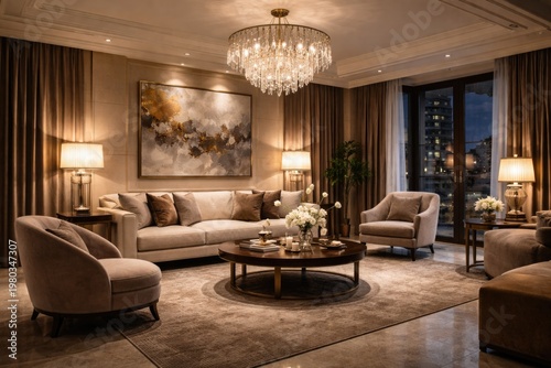 Upscale living room interior with elegant furniture and ambient lighting