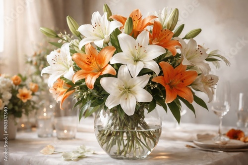 Sophisticated floral arrangement featuring white and orange lilies on a gentle soft background for upscale lifestyle and dining settings