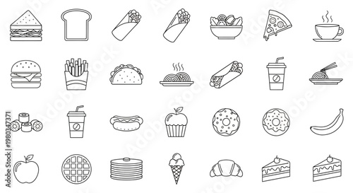 A variety of food and drink icons.
