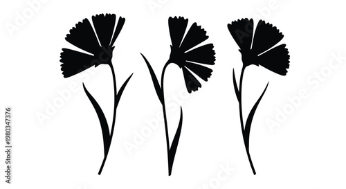 Three black silhouettes of flowers with long stems