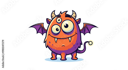 Smiling Cartoon Monster with Wings and Horns.