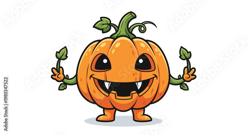 Smiling cartoon pumpkin character with leaves.