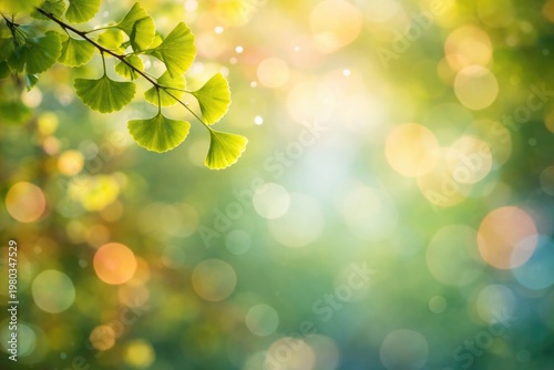 A colorful bokeh light backdrop showcasing young ginkgo leaves with ample copy space
