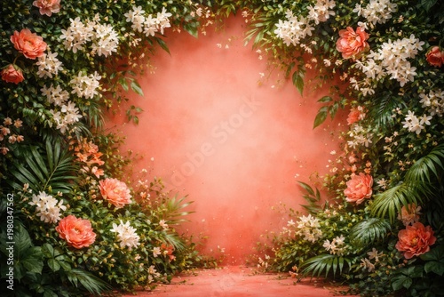 Living Coral floral backdrop with jasmine and lush foliage empty copy space