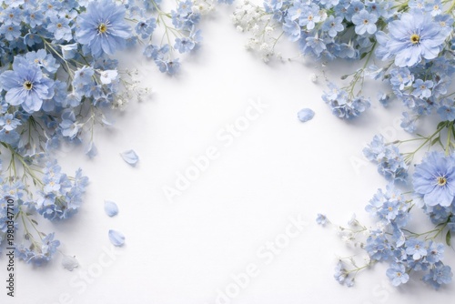 delicate blue flowers arranged on a smooth white background with copy space